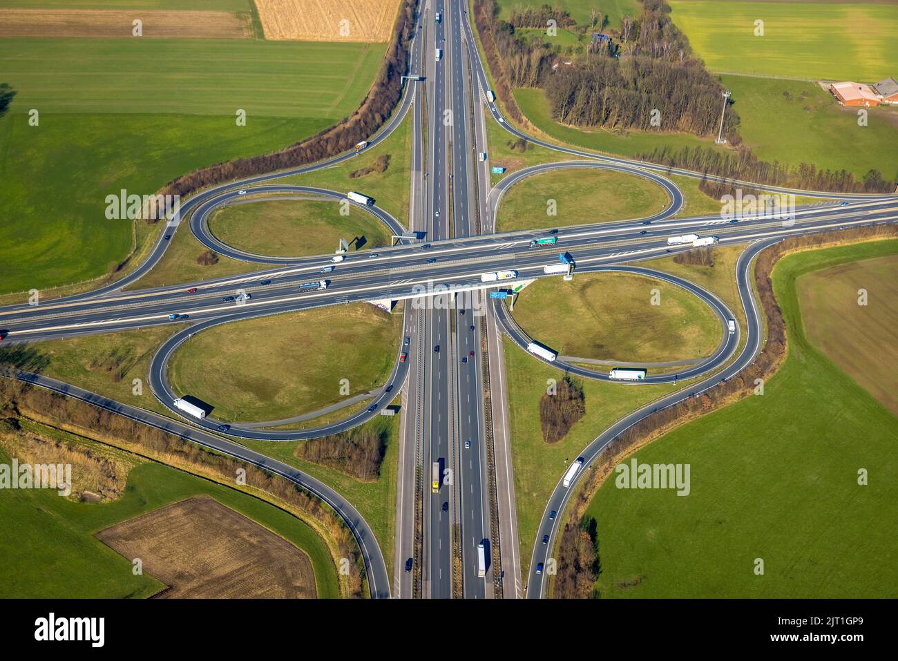 Aerial photo, freeway junction Lotte / Osnabrück, freeway A1 and freeway A30, Lotte, Tecklenburger Land, North Rhine-Westphalia, Germany, freeway, fre Stock Photo