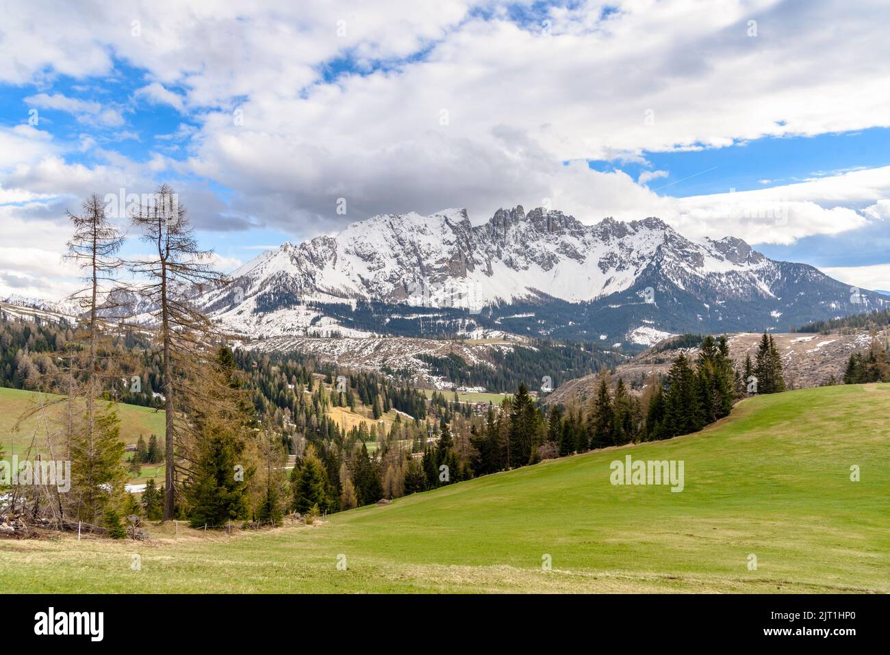 Majestic snow-capped mountain in the European Alps on a loudy spring day. a Medow is in foreground. Stock Photo