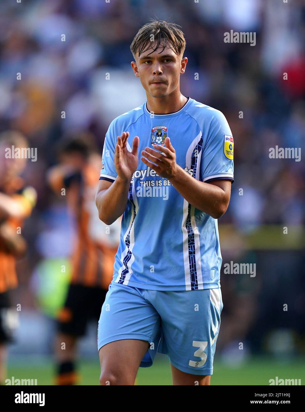 Coventry City's Callum Doyle applauds the fans after the final whistle in the Sky Bet Championship match at the MKM Stadium, Kingston upon Hull. Picture date: Saturday August 27, 2022. Stock Photo