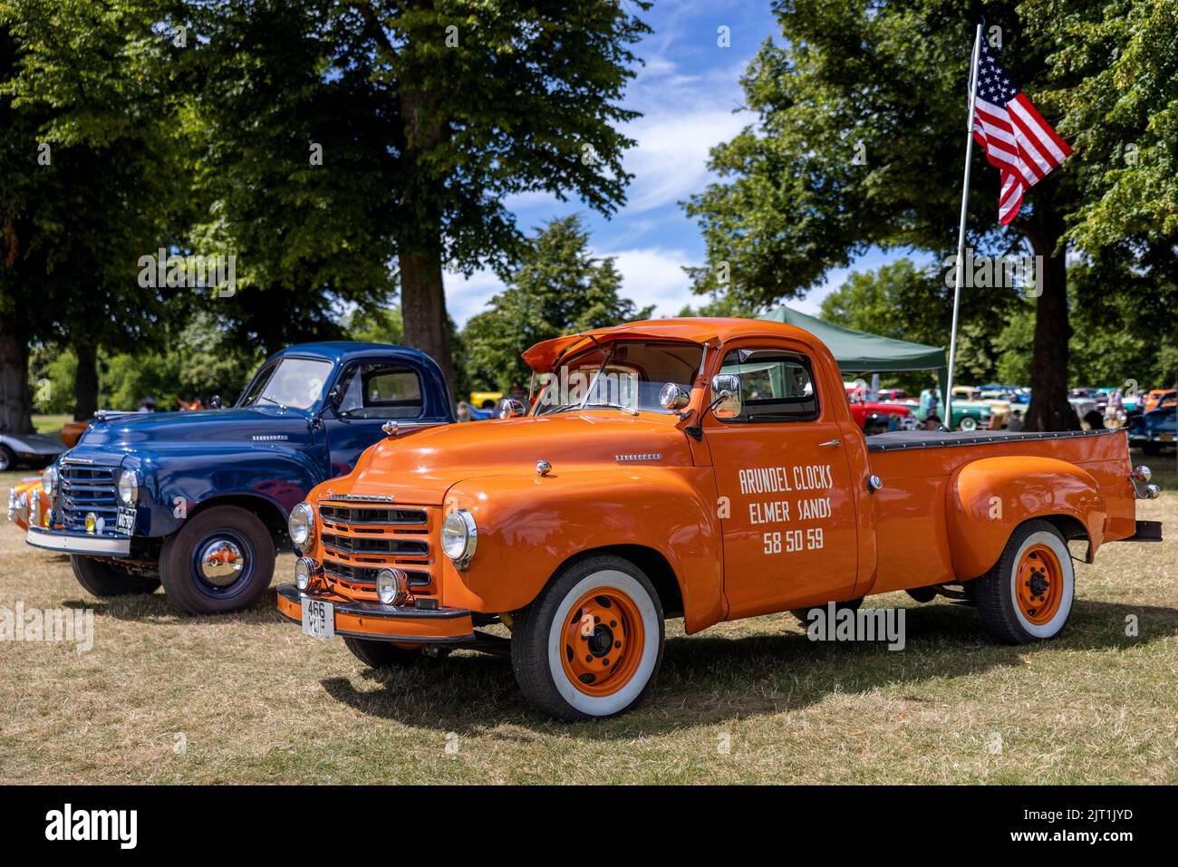 2 classic American Studebaker pick-up trucks on display at the American Auto Club Rally of the Giants, held at Blenheim Palace on the 10th July 2022 Stock Photo