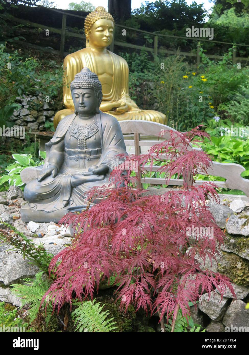 With acers and Buddhist statues, Cascades Garden in Derbyshire draws its inspiration from traditional Japanese gardens and the philosophy of Buddhism. Stock Photo