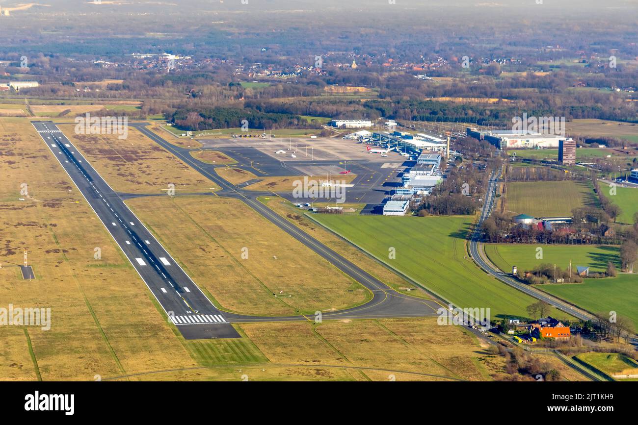 Aerial photo, airport Münster / Osnabrück FMO, runway, Greven, North Rhine-Westphalia, Germany, DE, Europe, flight emission, airport, aircraft noise, Stock Photo
