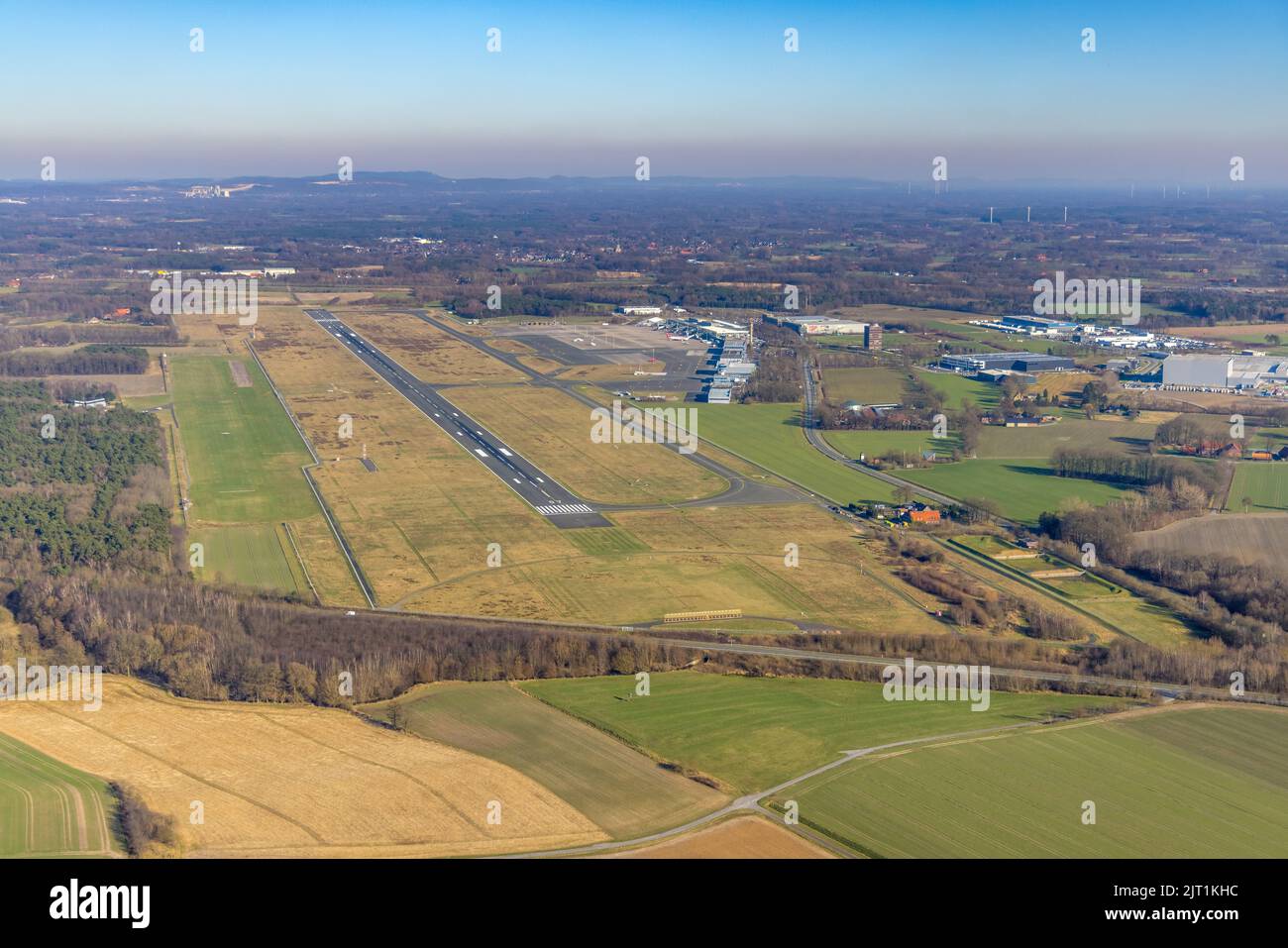 Aerial photo, airport Münster / Osnabrück FMO, runway, Greven, North Rhine-Westphalia, Germany, DE, Europe, flight emission, airport, aircraft noise, Stock Photo