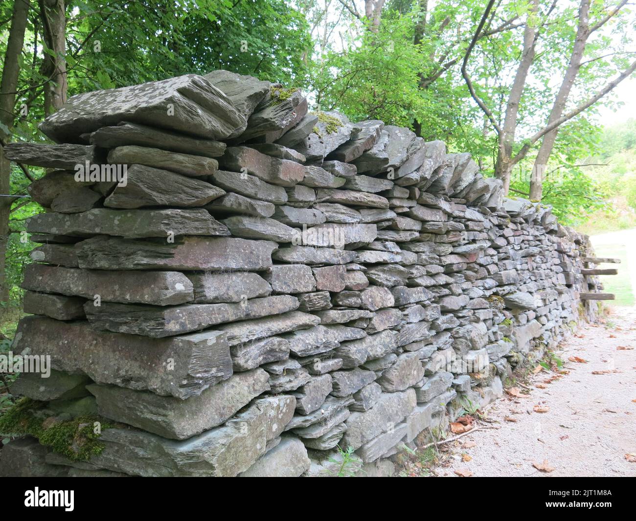 The Millennium Wall at the National Stone Centre demonstrates 20 different styles of dry stone walling. Stock Photo