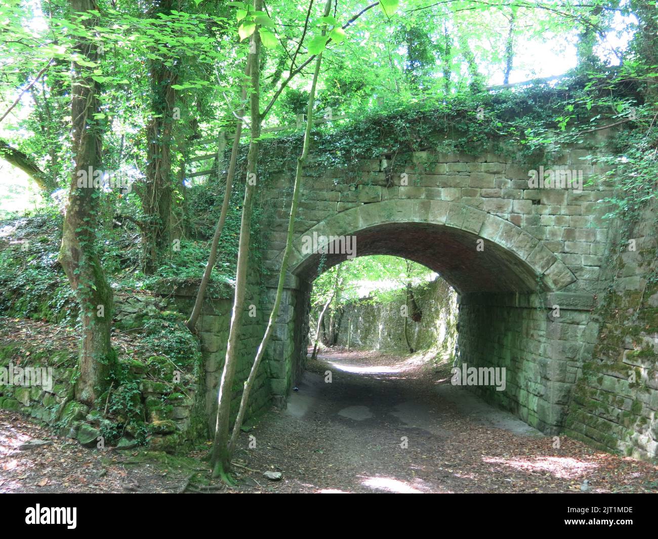 National Stone Centre, Derbyshire: the old bridge and steep rail incline where Ravenstor Station served the former quarries. Stock Photo