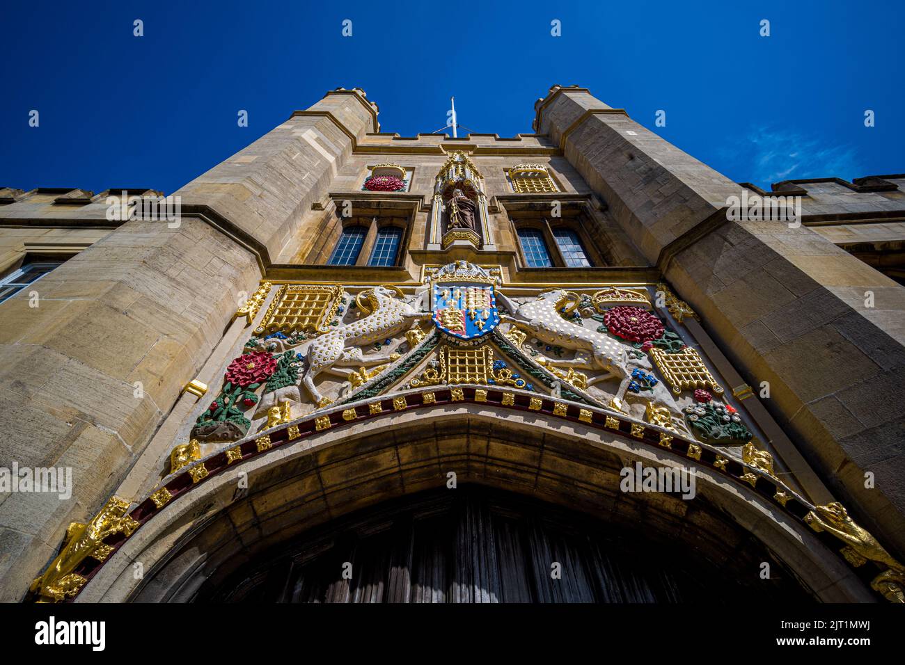 Christs College Cambridge - the refurbished front gate of Christs College, part of the University of Cambridge, established 1446 as God's House Stock Photo