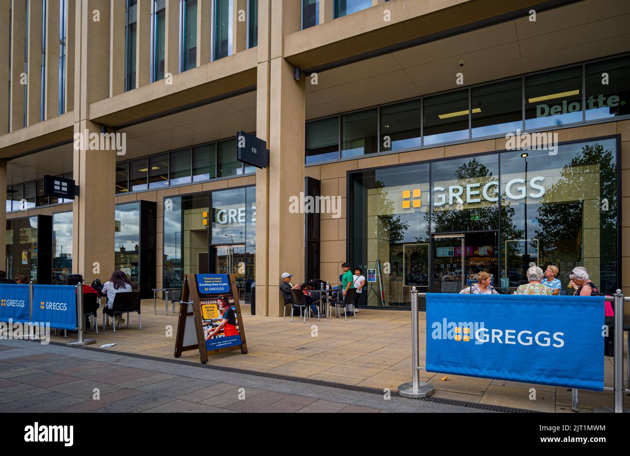 Greggs Bakery - Greggs Cafe and Food Store at Cambridge Station Square, Cambridge UK. Stock Photo