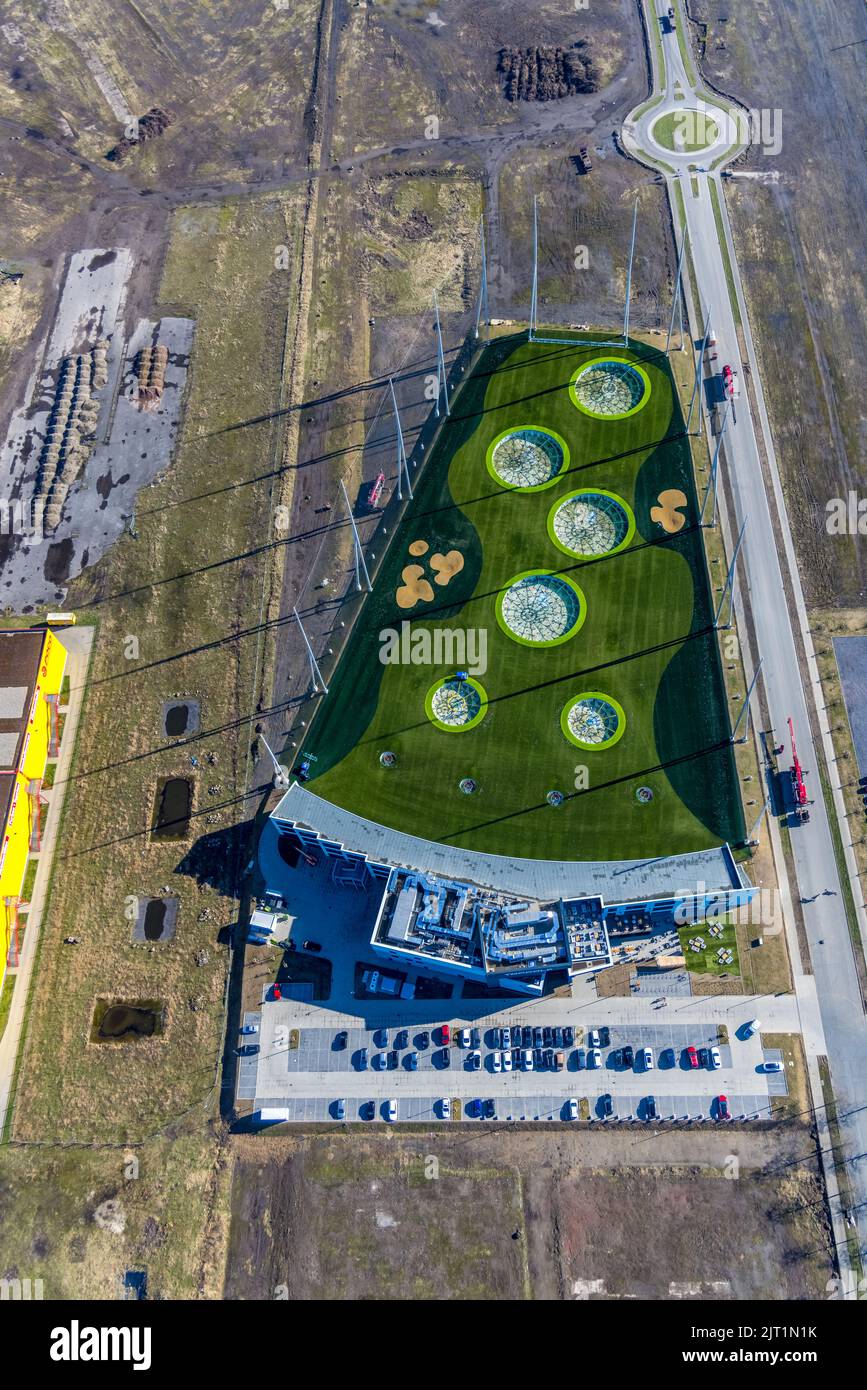 Aerial view, Topgolf course on the steel mill area at Brammenring in Centro Oberhausen, Borbeck, Oberhausen, Ruhr area, North Rhine-Westphalia, German Stock Photo