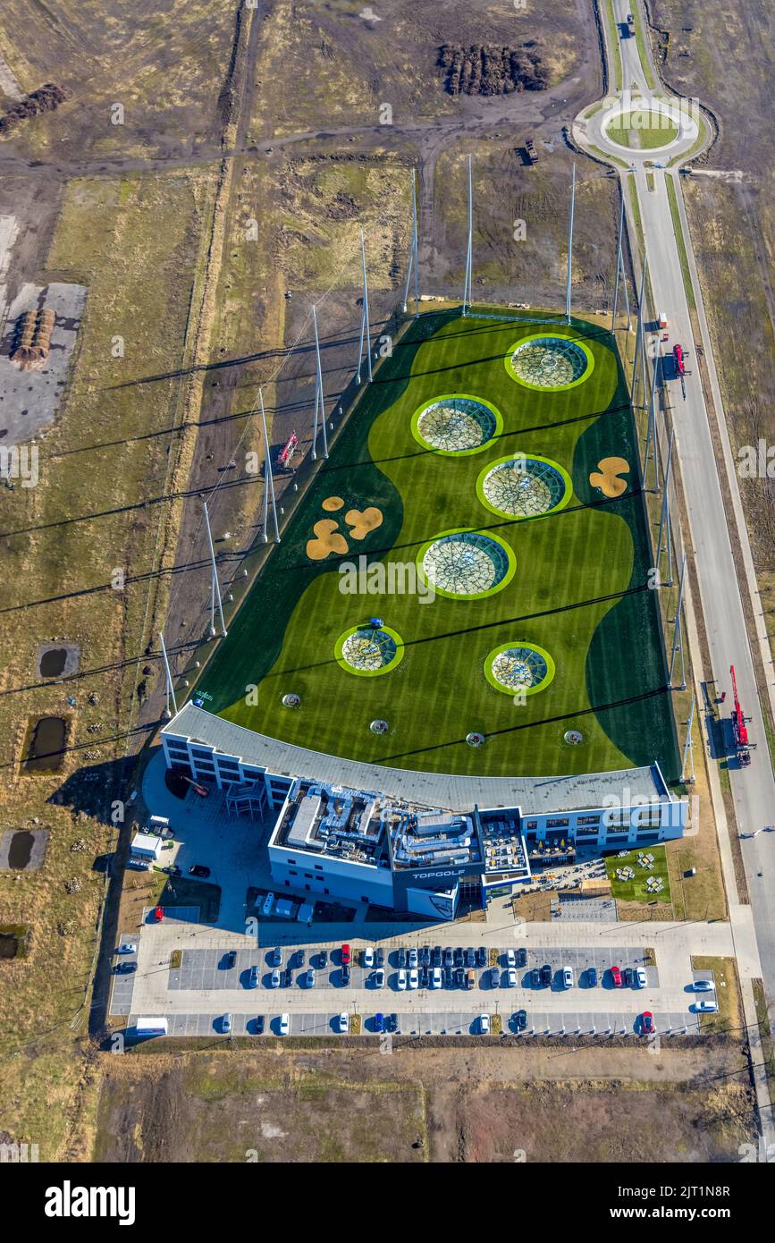 Aerial view, Topgolf course on the steel mill area at Brammenring in Centro Oberhausen, Borbeck, Oberhausen, Ruhr area, North Rhine-Westphalia, German Stock Photo