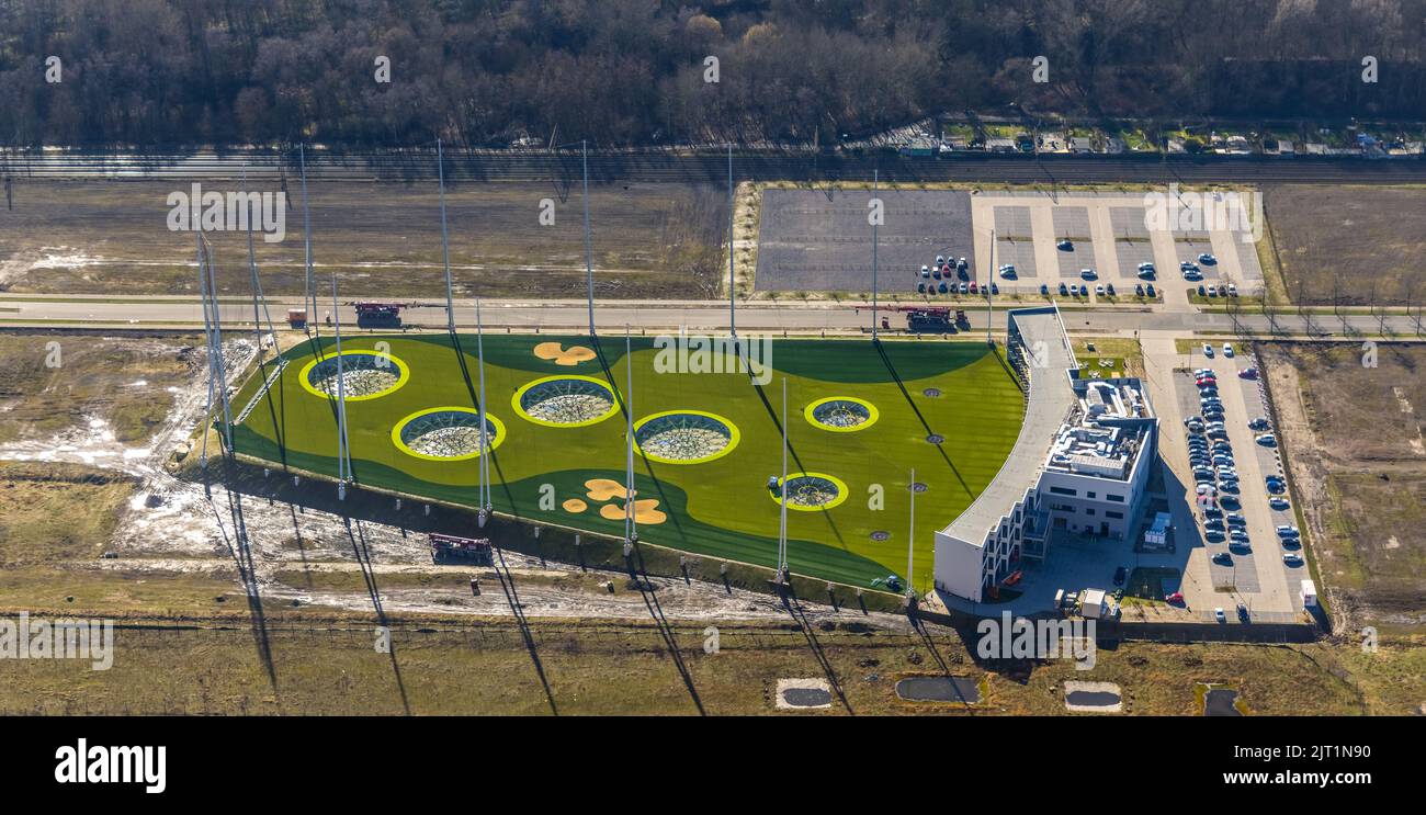 Aerial view, Topgolf course on the steel mill area at Brammenring in Centro Oberhausen, Borbeck, Oberhausen, Ruhr area, North Rhine-Westphalia, German Stock Photo