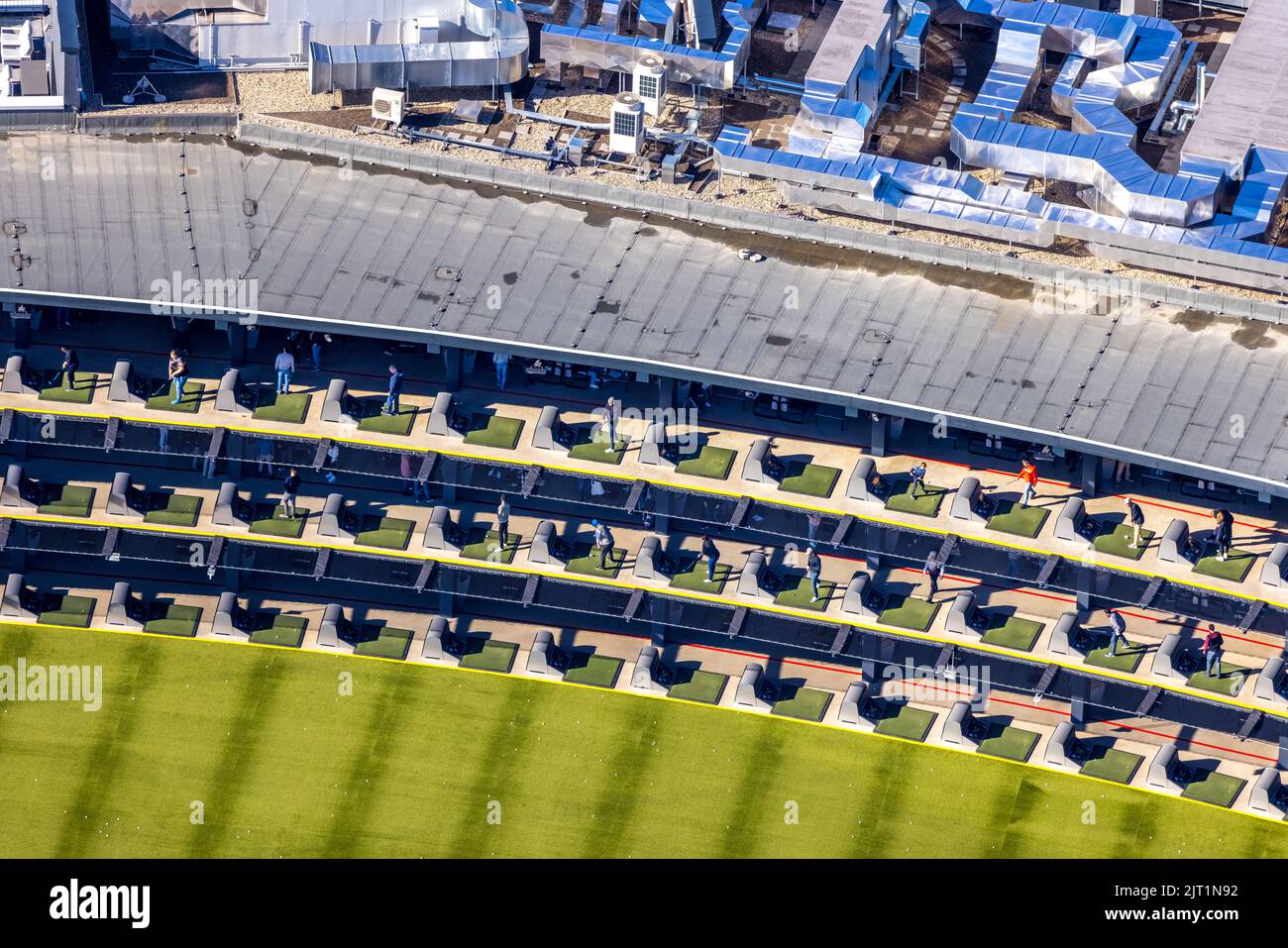 Aerial view, Topgolf course on the steelworks area at Brammenring in Centro Oberhausen, Borbeck, Oberhausen, Ruhr area, North Rhine-Westphalia, German Stock Photo