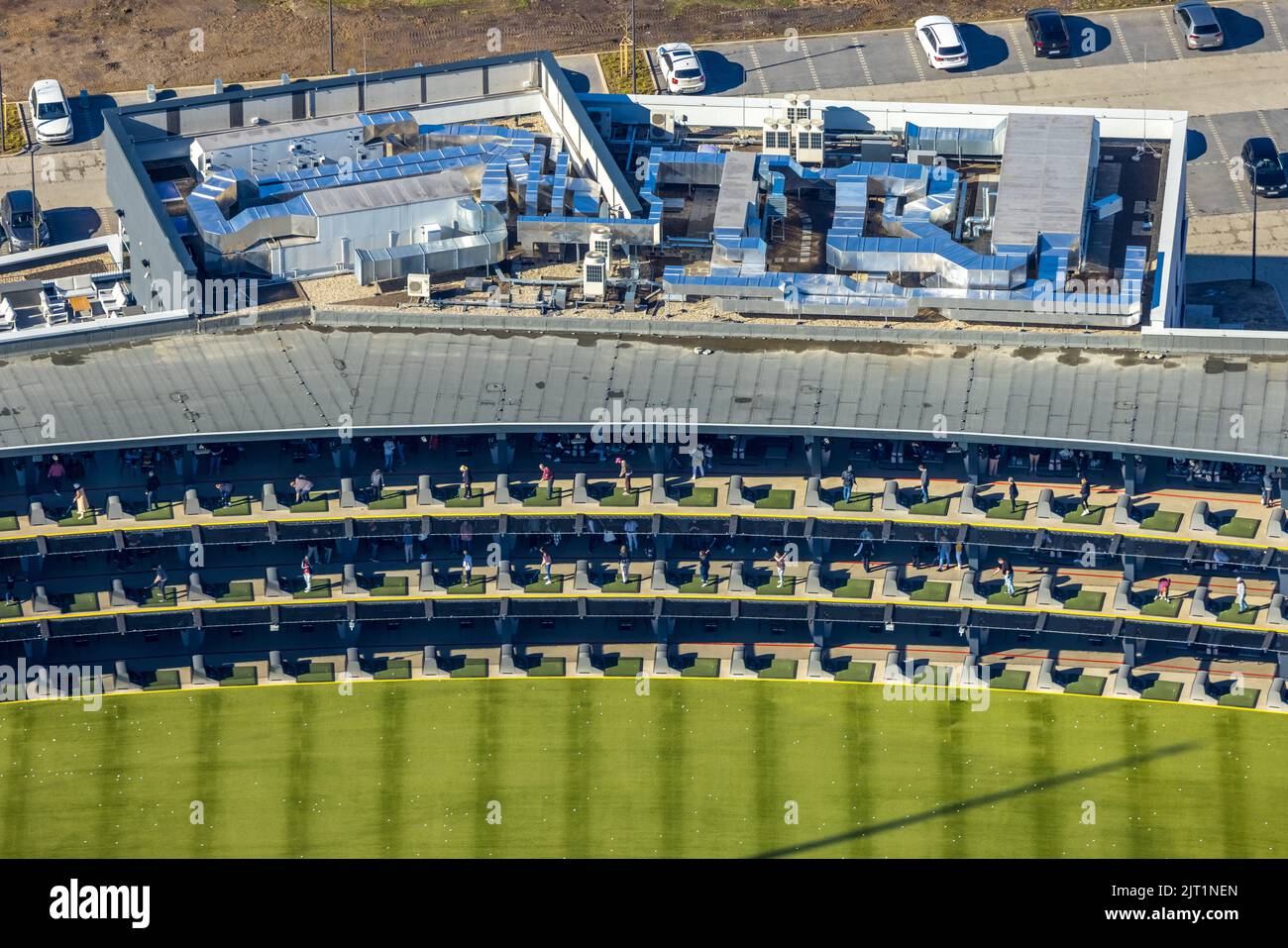 Aerial view, Topgolf course on the steelworks area at Brammenring in Centro Oberhausen, Borbeck, Oberhausen, Ruhr area, North Rhine-Westphalia, German Stock Photo