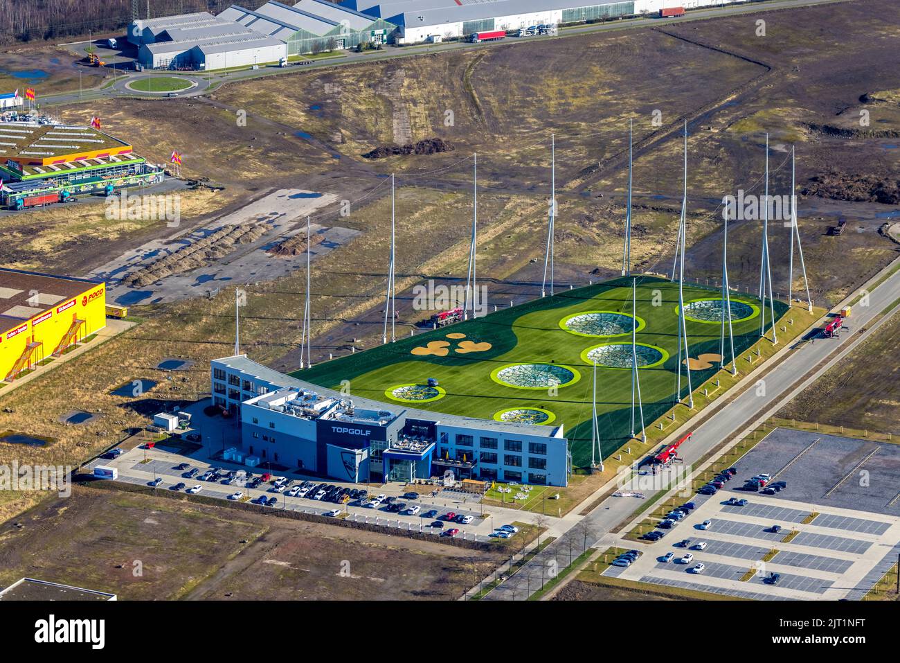 Aerial view, Topgolf course on the steel mill area at Brammenring in Centro Oberhausen, Borbeck, Oberhausen, Ruhr area, North Rhine-Westphalia, German Stock Photo