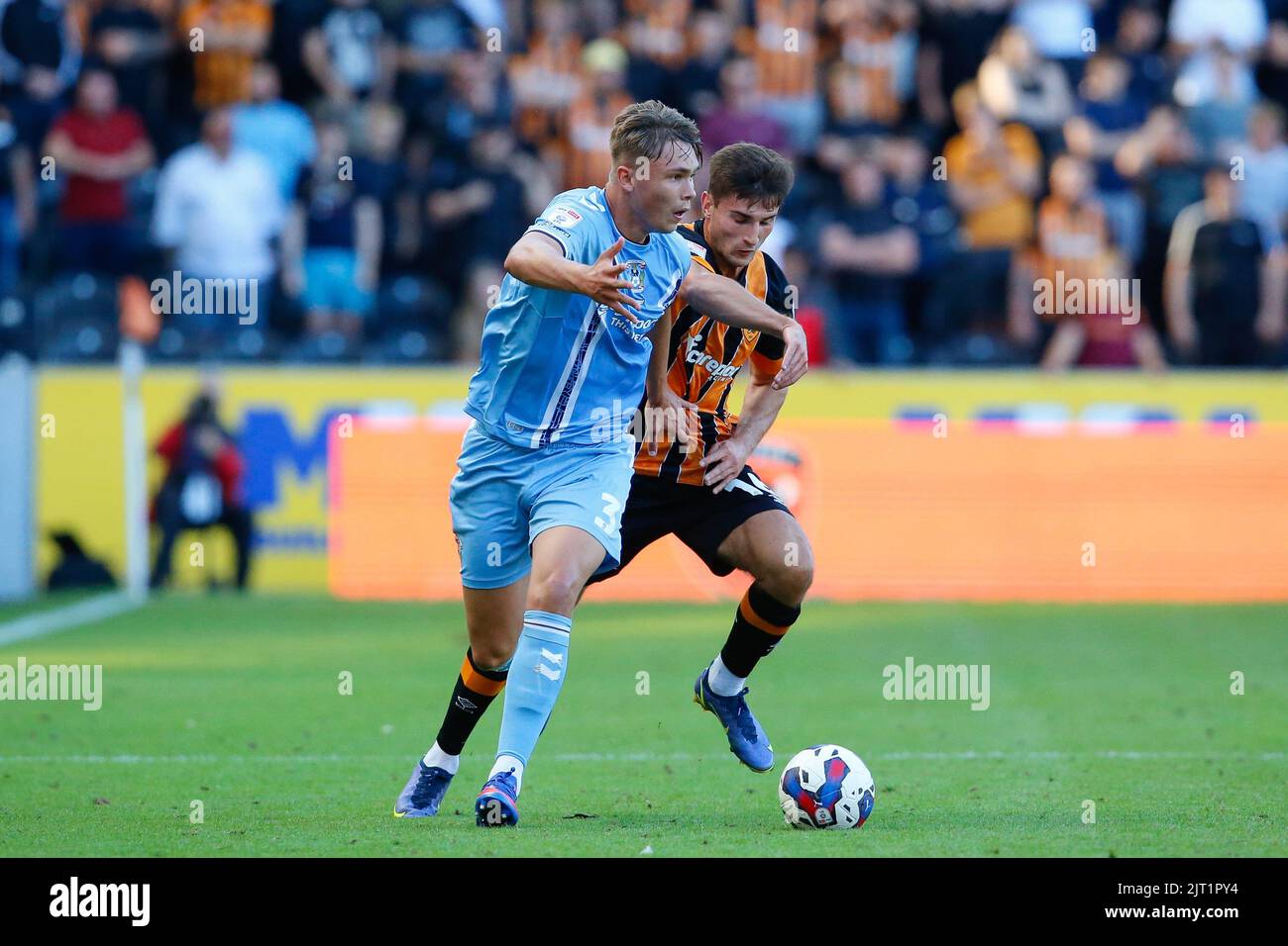 Hull, UK. 26th Aug, 2022. Ryan Longman #16 of Hull City and Callum Doyle #3 of Coventry City in Hull, United Kingdom on 8/26/2022. (Photo by Ben Early/News Images/Sipa USA) Credit: Sipa USA/Alamy Live News Stock Photo