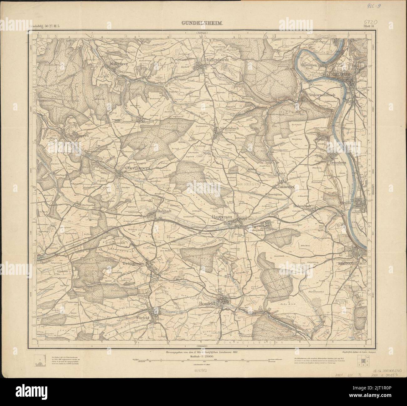 Topographische Karte 1 25000 Blatt 14 (6720) Gundelsheim 1902. Stock Photo
