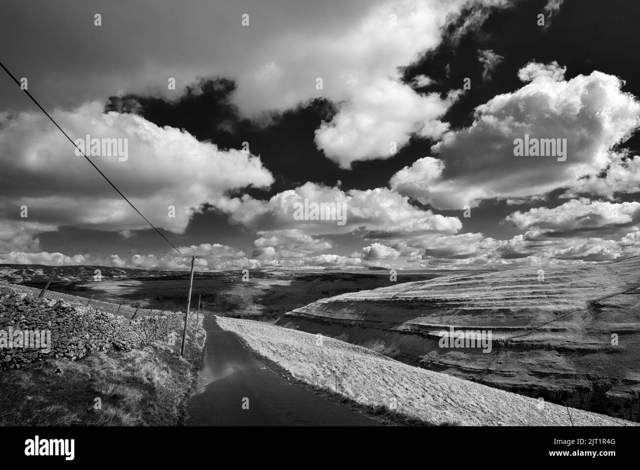 Stunning monochrome view entering Littondale on Brootes Lane, Yorkshire Dales National Park, North Yorkshire, England, UK landscapes Stock Photo