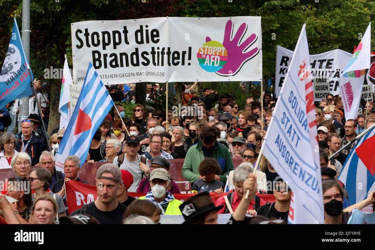 Rostock, Germany. 27th Aug, 2022. At a demonstration 30 years after the