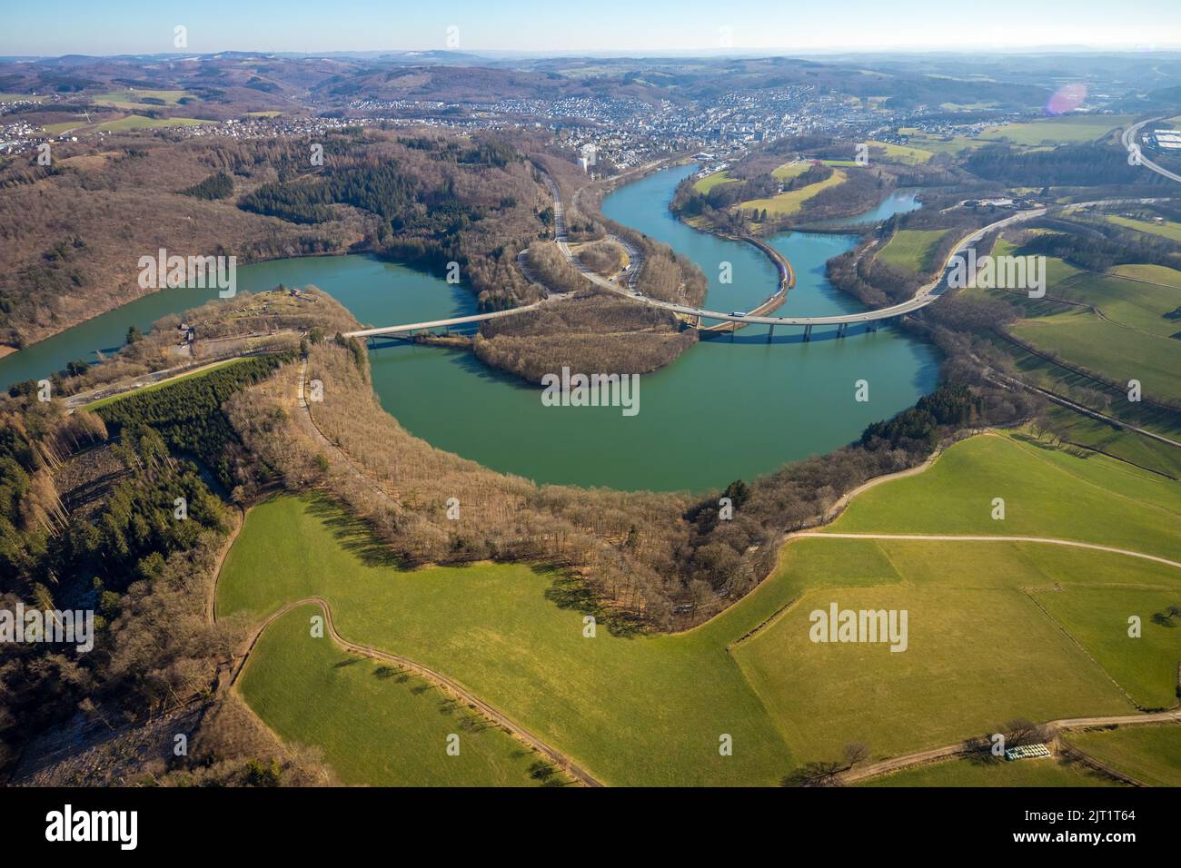 Aerial view, Biggesee with federal road B55 bridge and railroad line in