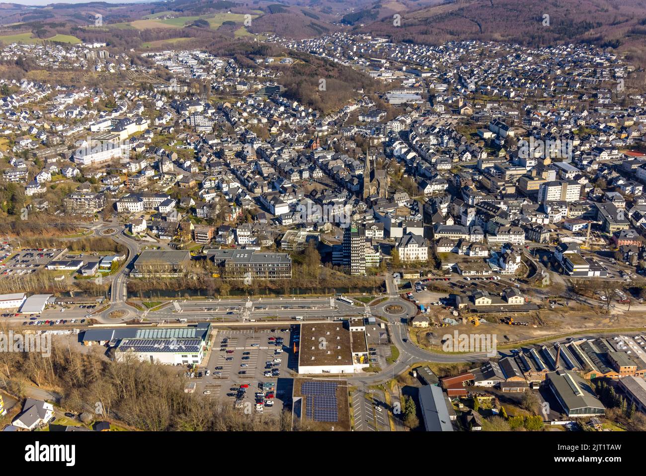 Aerial view, city center with city hall and Olpe train and bus station