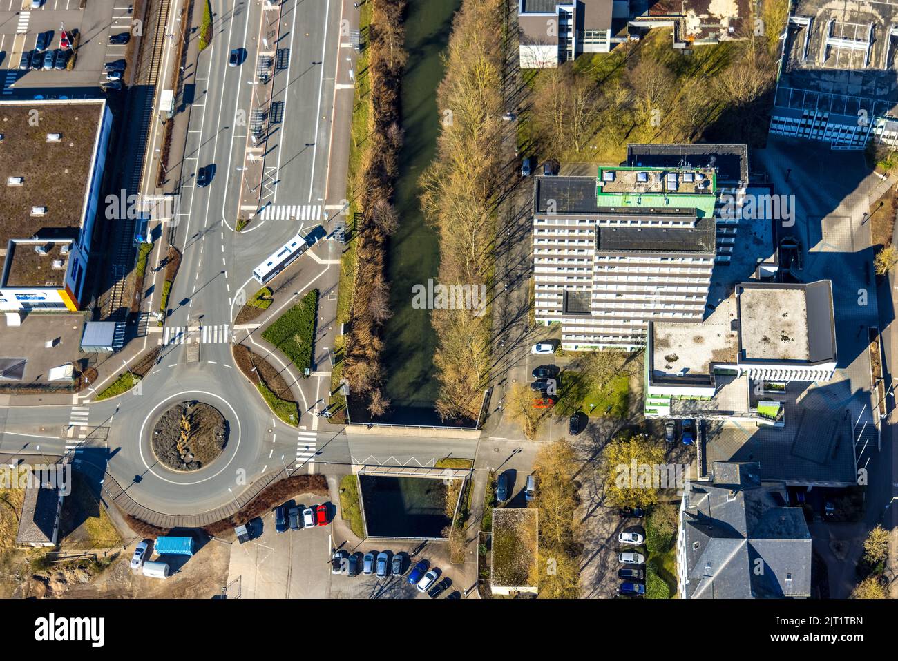 Aerial view, city center with city hall and Olpe train and bus station