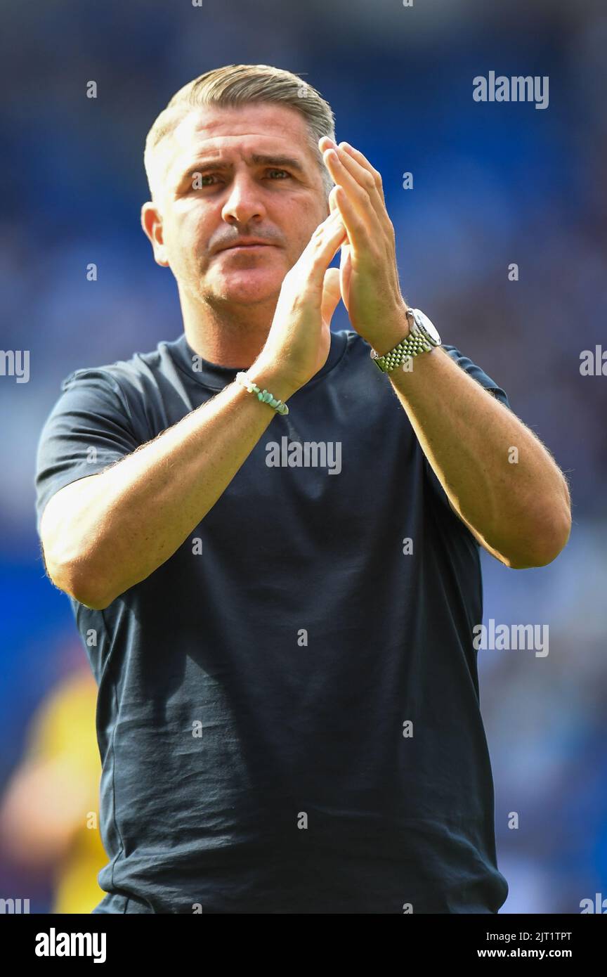 Cardiff, UK. 27th Aug, 2022. Ryan Lowe manager of Preston North End Applauds the travelling supporters in Cardiff, United Kingdom on 8/27/2022. (Photo by Mike Jones/News Images/Sipa USA) Credit: Sipa USA/Alamy Live News Stock Photo