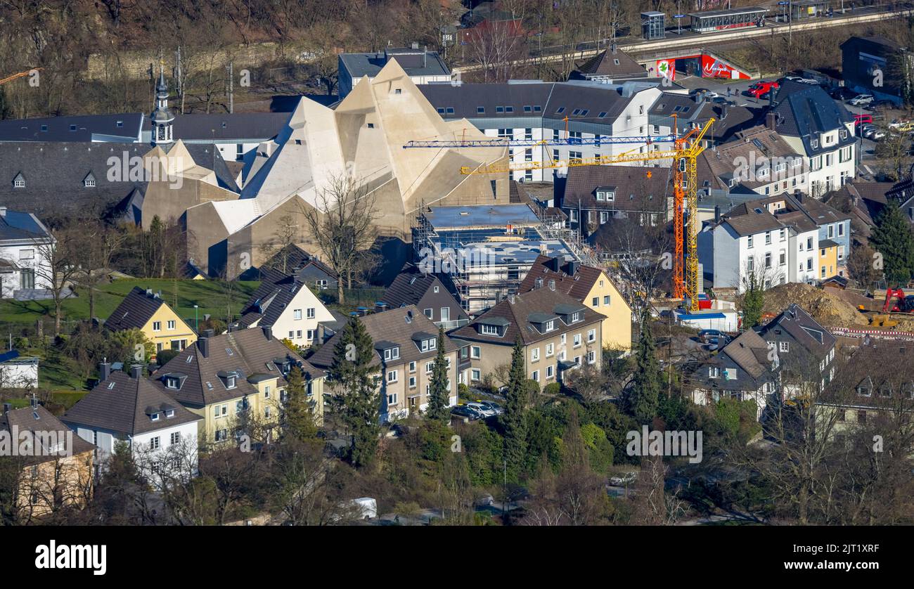 Aerial photograph, futuristic building catholic church Mariendom, new construction of multi-family houses on the former hospital property, Neviges, Ve Stock Photo
