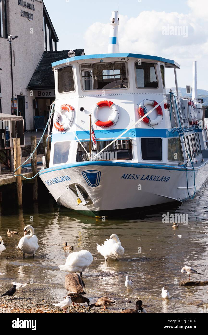 Lake Windermere Cumbria 27th August 2022 .UK Weather Vessels of all sizes & age busy with tourist make the most of the Bank Holiday weekend weather. Miss Lakeland built 1985 in Holland  Credit: Gordon Shoosmith/Alamy Live News Stock Photo