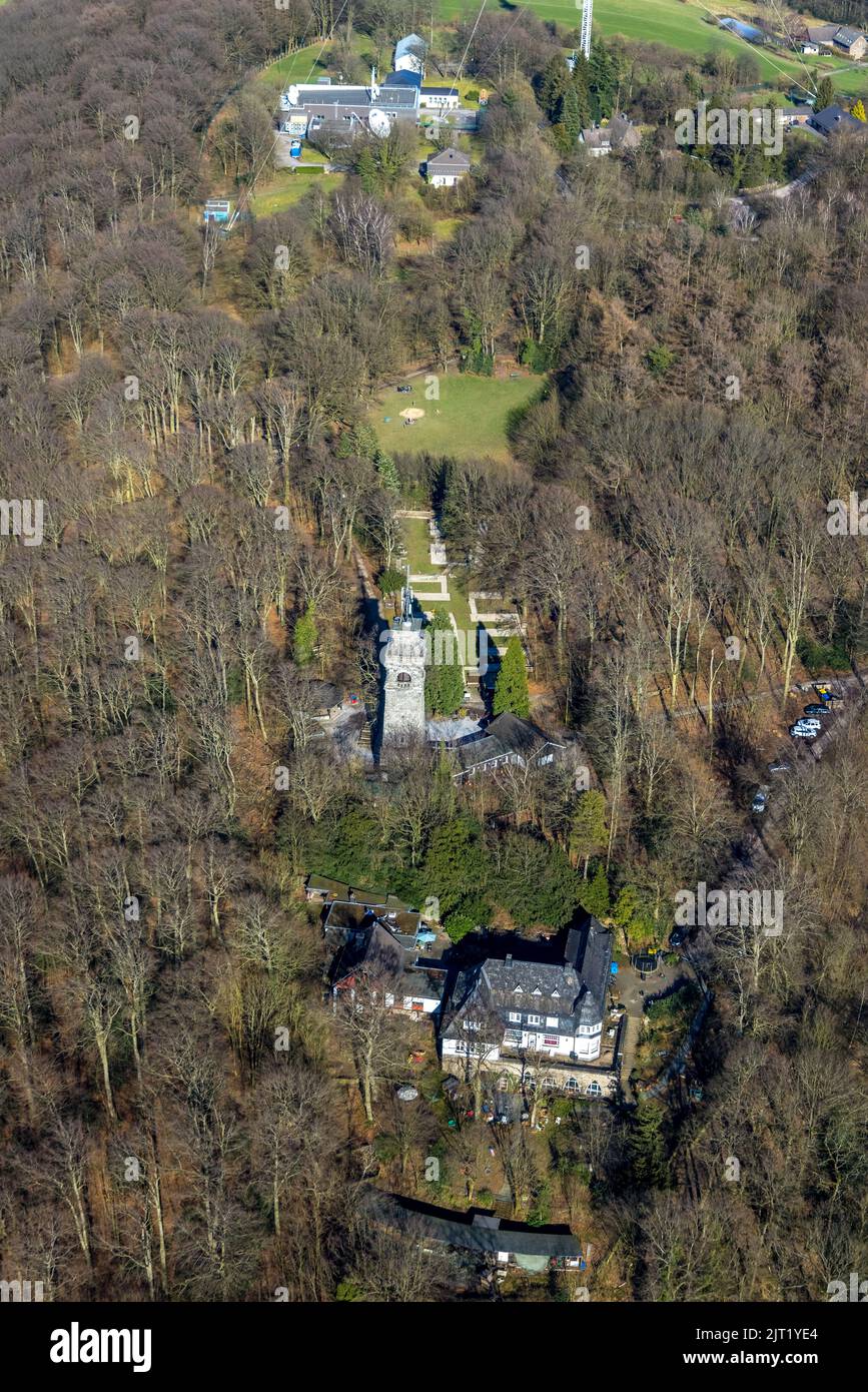 Aerial view, Bismarck tower Langenberg, house in the forest