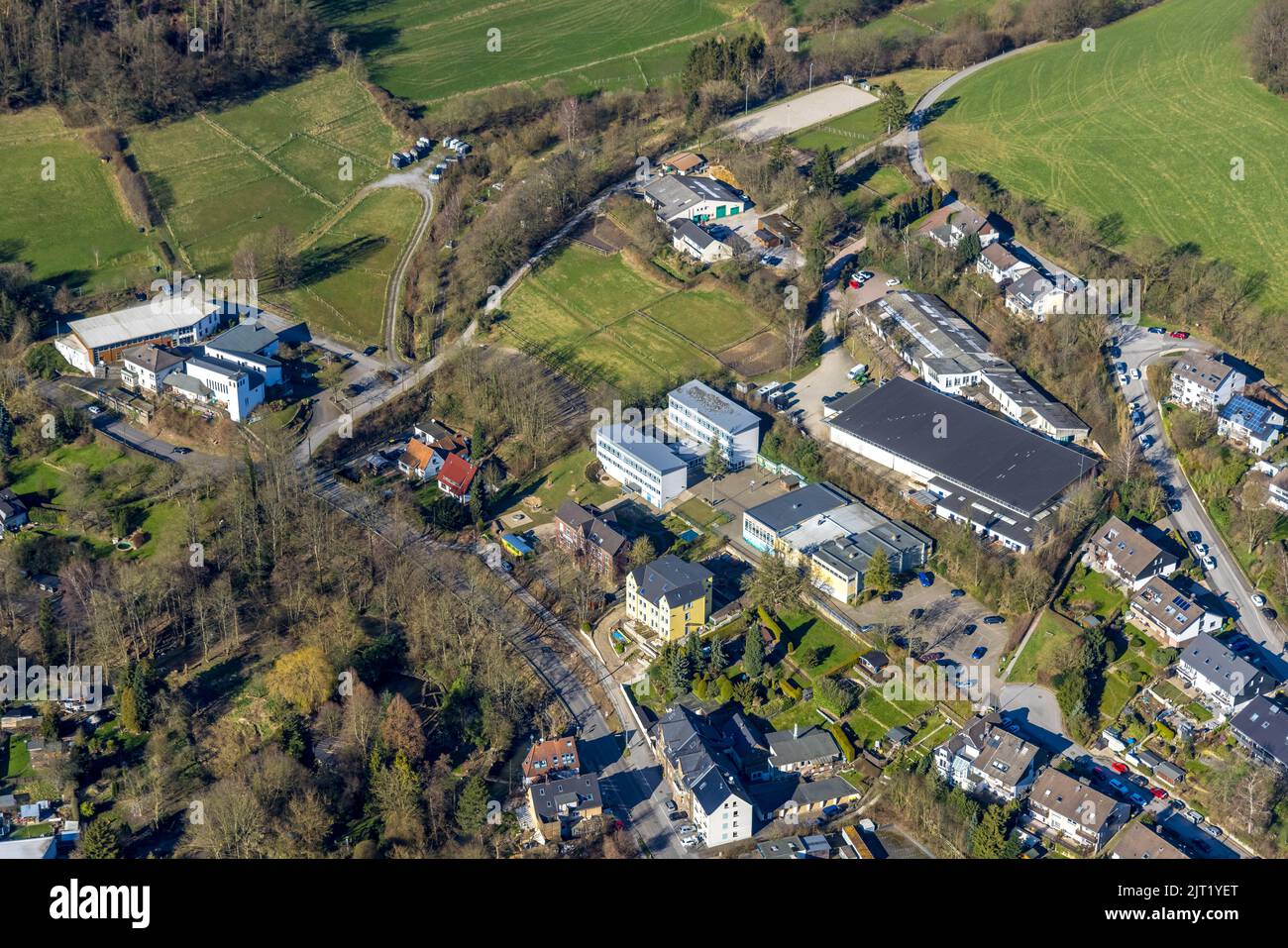 Aerial view, elementary school GGS Max & Moritz, riding hall, evang. church Nierenhof, Niederbonsfeld, Velbert, Ruhr area, North Rhine-Westphalia, Ger Stock Photo