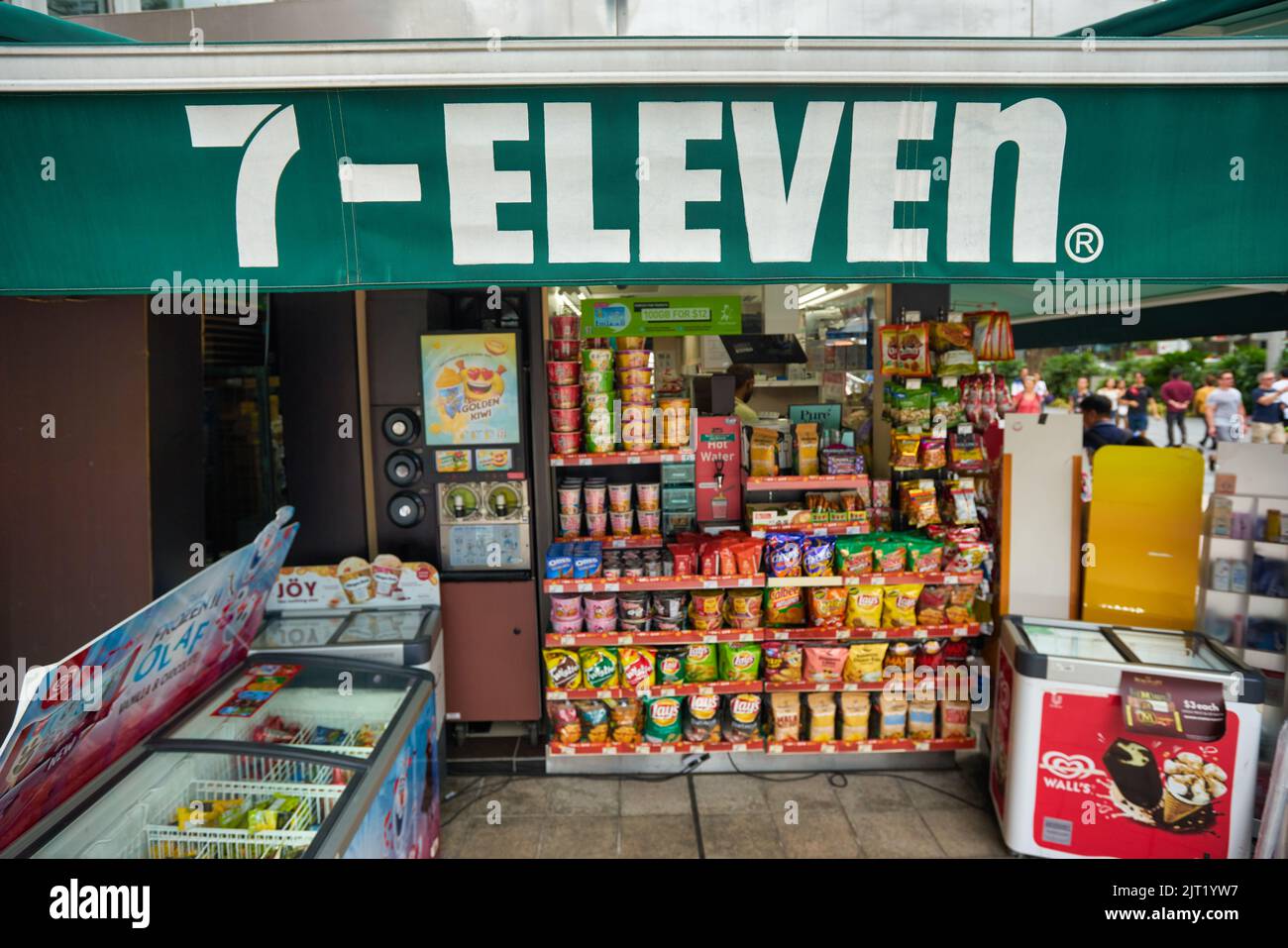 SINGAPORE - CIRCA JANUARY, 2020: 7-eleven sign as seen at convenience store in Singapore. Focus on sign. Stock Photo