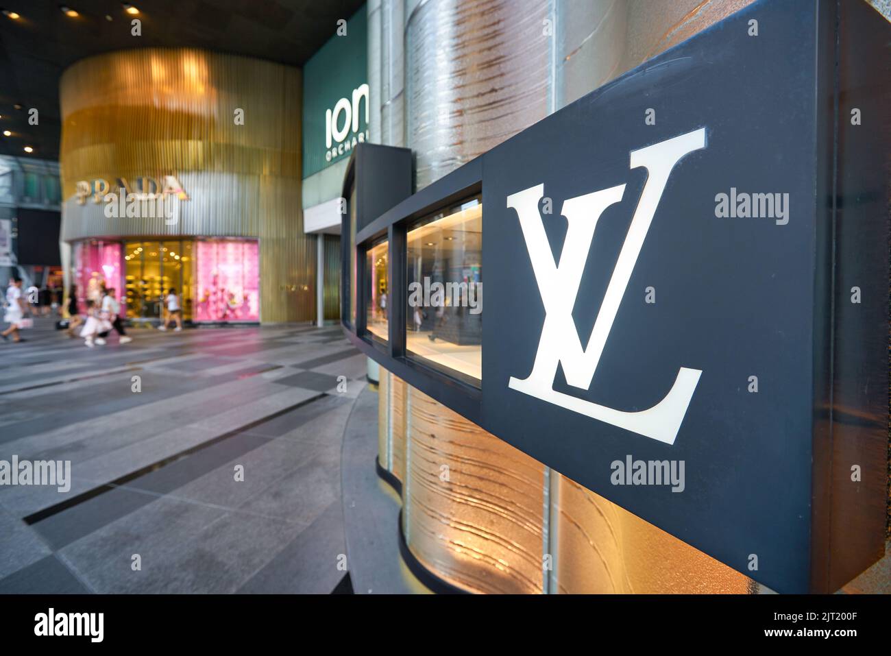 SINGAPORE - CIRCA JANUARY, 2020: close up shot of LV sign as seen at ION Orchard shopping mall in Singapore. Stock Photo