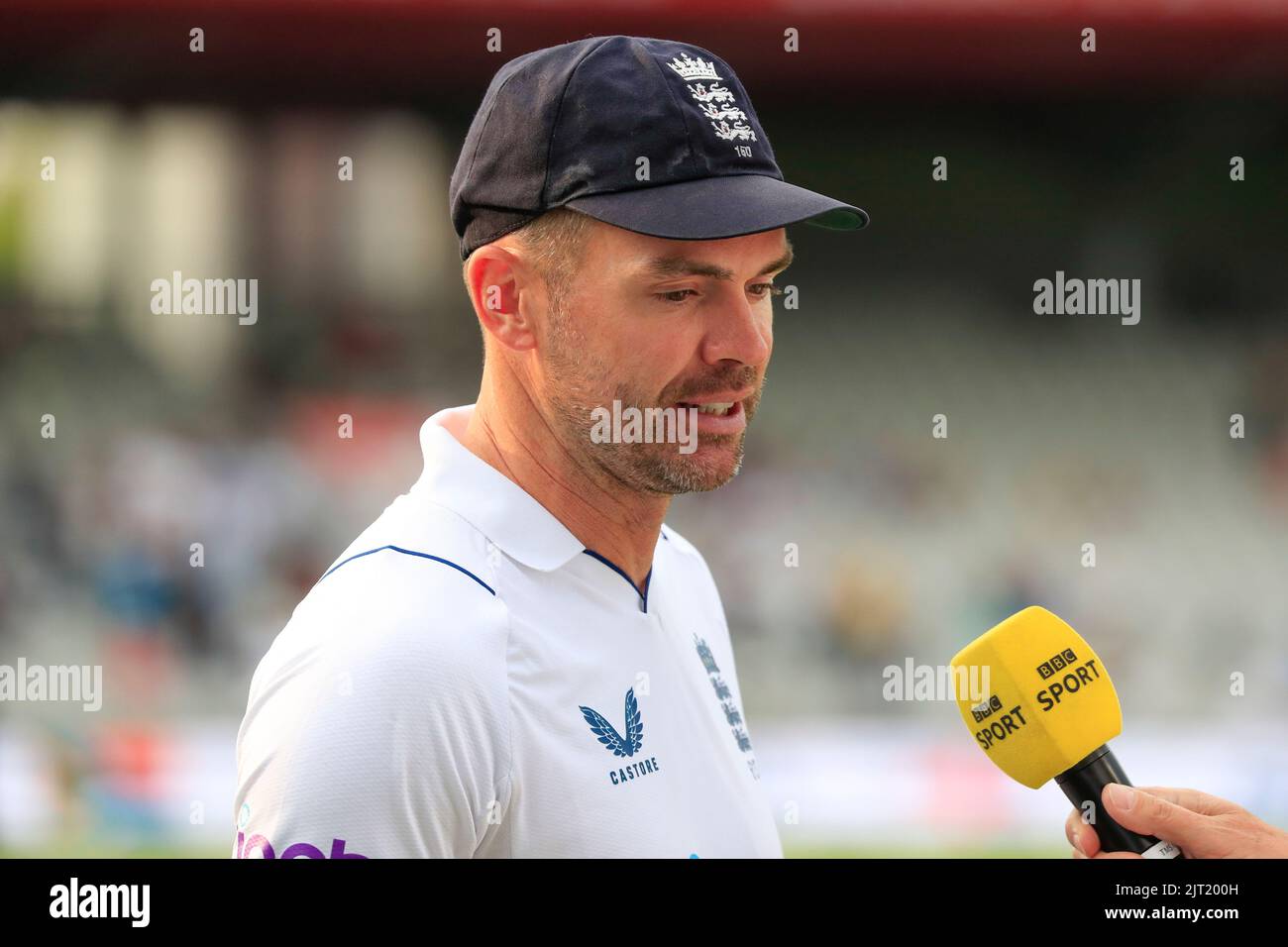 Manchester, UK. 27th Aug, 2022. James Anderson of England doing his post match media interview in Manchester, United Kingdom on 8/27/2022. (Photo by Conor Molloy/News Images/Sipa USA) Credit: Sipa USA/Alamy Live News Stock Photo
