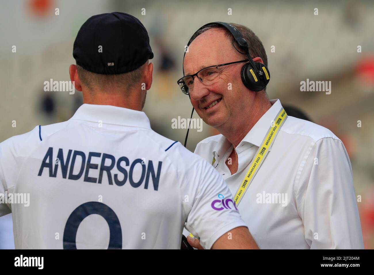 Jonathan Agnew of Test Match Special interviews James Anderson of England after the match Stock Photo