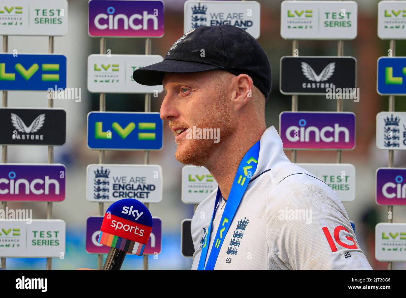 Manchester, UK. 27th Aug, 2022. Ben Stokes of England doing his post match media interview in Manchester, United Kingdom on 8/27/2022. (Photo by Conor Molloy/News Images/Sipa USA) Credit: Sipa USA/Alamy Live News Stock Photo