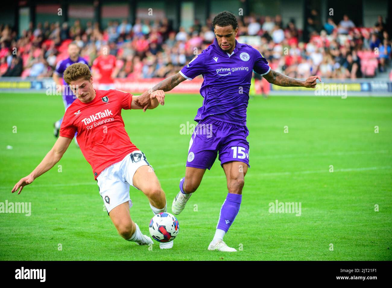 Lorent Tolaj of Salford City tackles Terence Vancooten of Stevenage FC during the Sky Bet League 2 match between Salford City and Stevenage at Moor Lane, Salford on Saturday 27th August 2022. (Credit: Ian Charles | MI News) Credit: MI News & Sport /Alamy Live News Stock Photo
