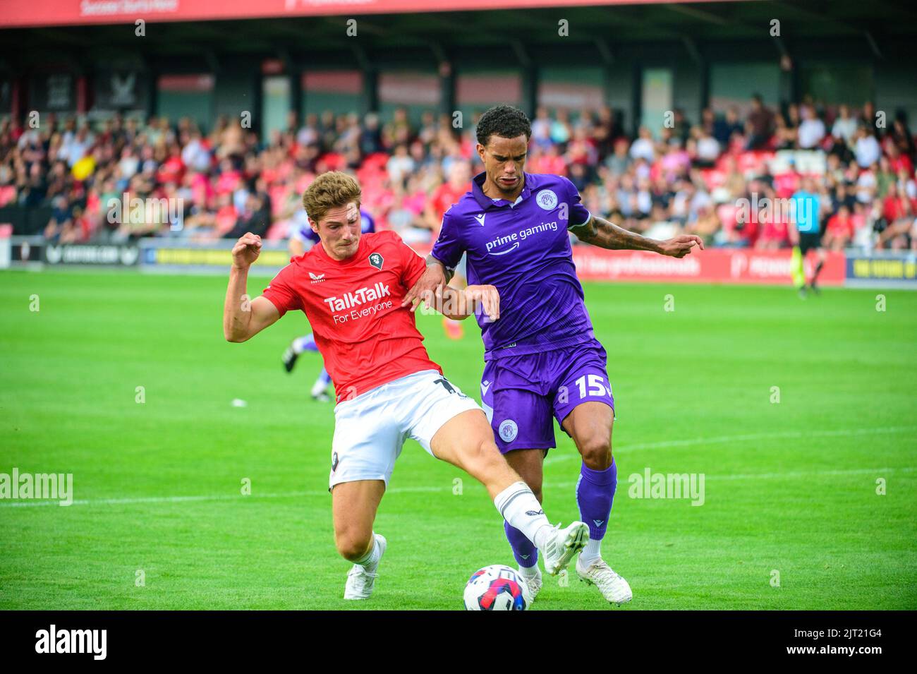 Lorent Tolaj of Salford City tackles Terence Vancooten of Stevenage FC during the Sky Bet League 2 match between Salford City and Stevenage at Moor Lane, Salford on Saturday 27th August 2022. (Credit: Ian Charles | MI News) Credit: MI News & Sport /Alamy Live News Stock Photo
