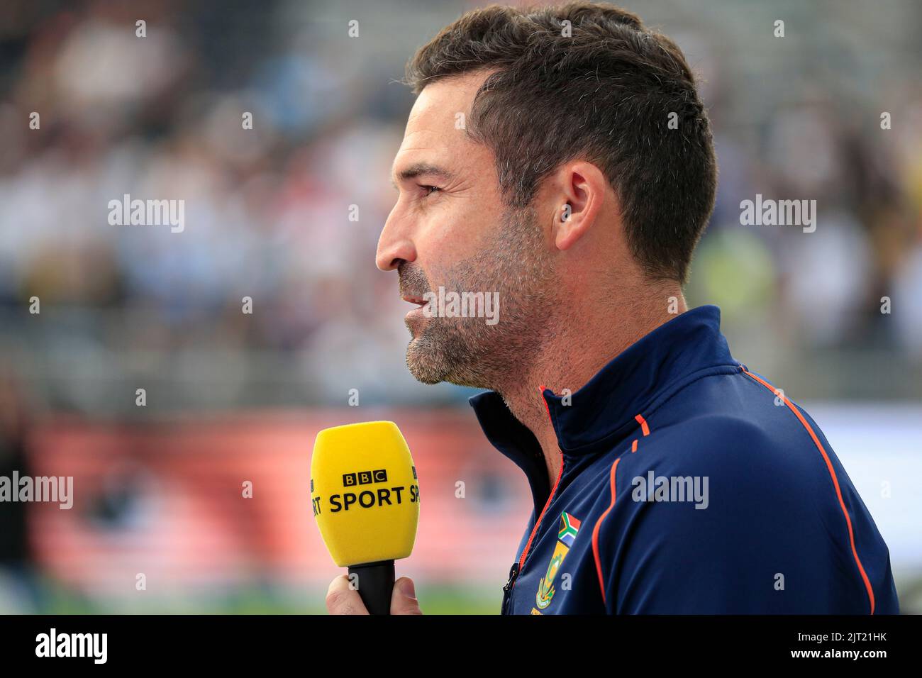 Manchester, UK. 27th Aug, 2022. Dean Elgar of South Africa doing his post match interview in Manchester, United Kingdom on 8/27/2022. (Photo by Conor Molloy/News Images/Sipa USA) Credit: Sipa USA/Alamy Live News Stock Photo