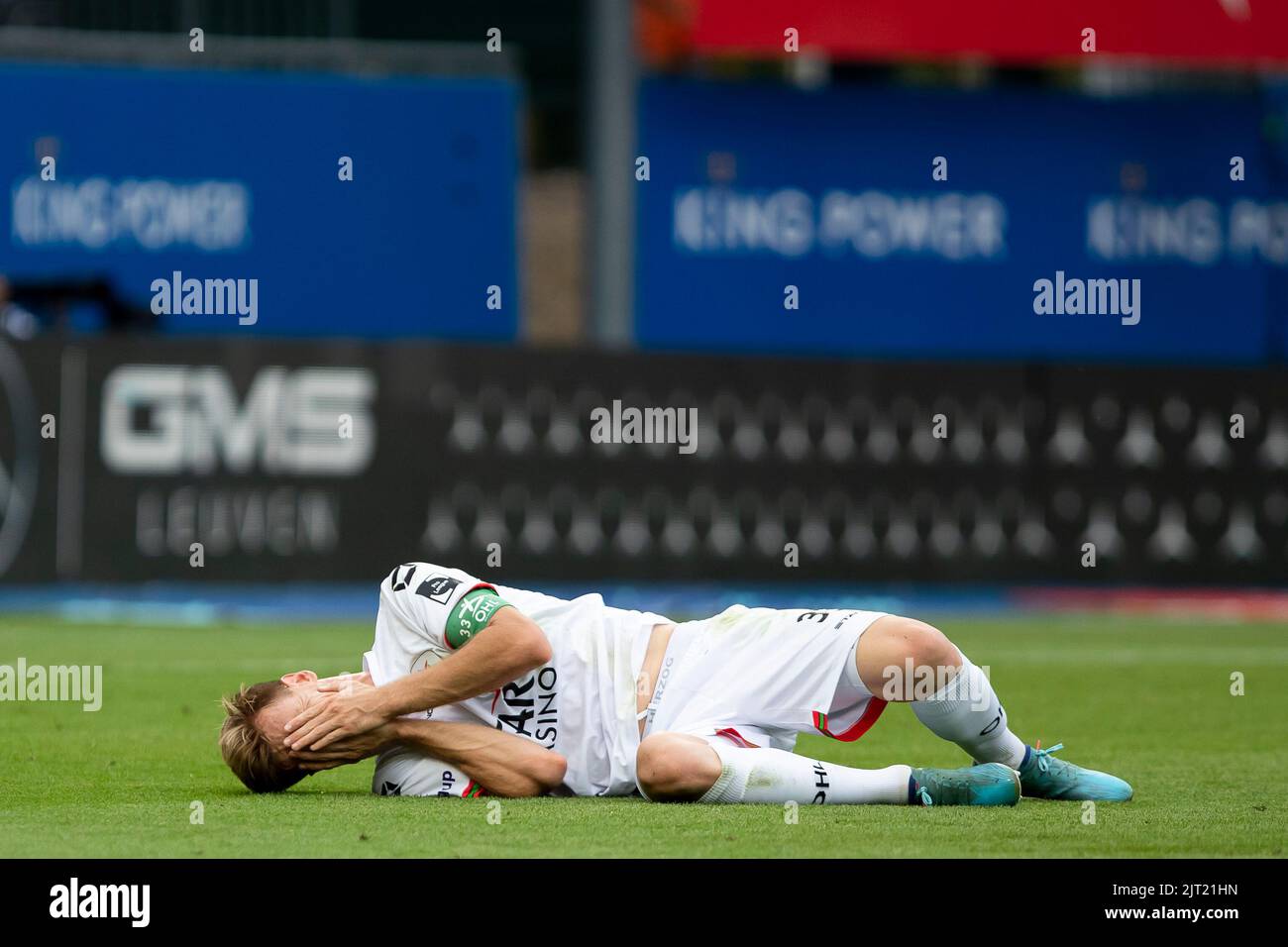 OHL's Mathieu Maertens reacts during a soccer match between Oud