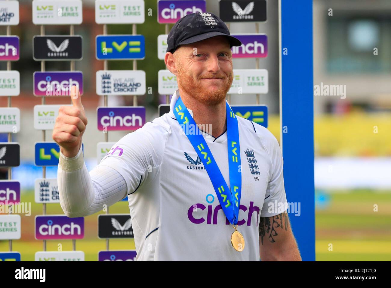Manchester, UK. 27th Aug, 2022. Ben Stokes of England gives the thumbs up after receiving his man of the match award in Manchester, United Kingdom on 8/27/2022. (Photo by Conor Molloy/News Images/Sipa USA) Credit: Sipa USA/Alamy Live News Stock Photo