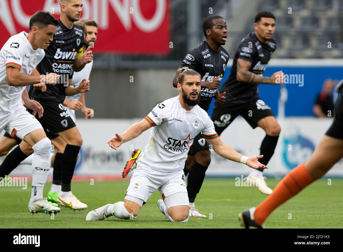 OHL's Kristiyan Malinov reacts during a soccer match between Oud