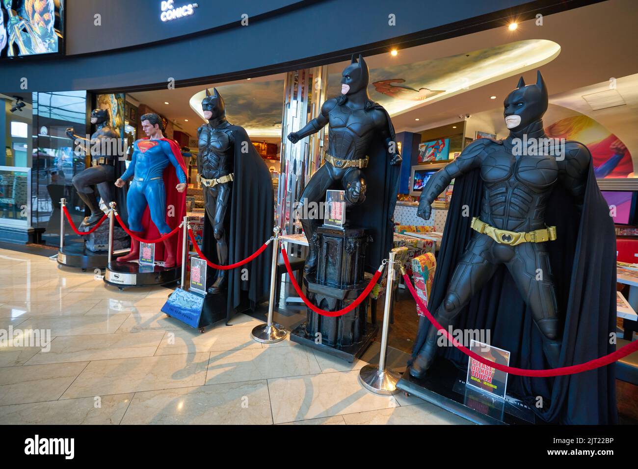 SINGAPORE - JANUARY 20, 2020: Batman life-size statues on display at DC Comics Super Heroes Cafe at the Shoppes at Marina Bay Sands in Singapore. Stock Photo