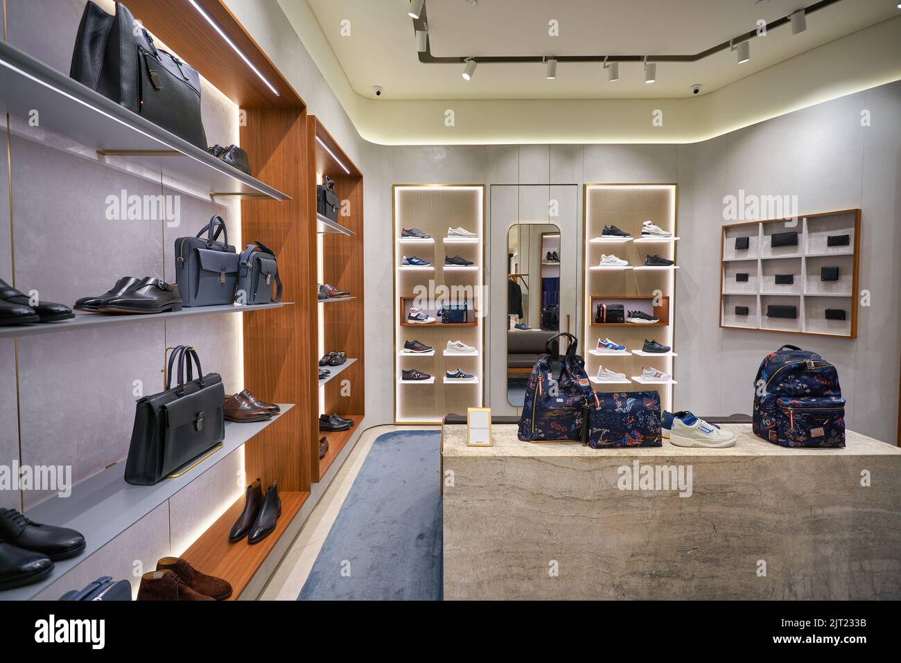 SINGAPORE - JANUARY 20, 2020: interior shot of Bally store in the Shoppes at Marina Bay Sands. Bally is a Swiss luxury fashion house. Stock Photo