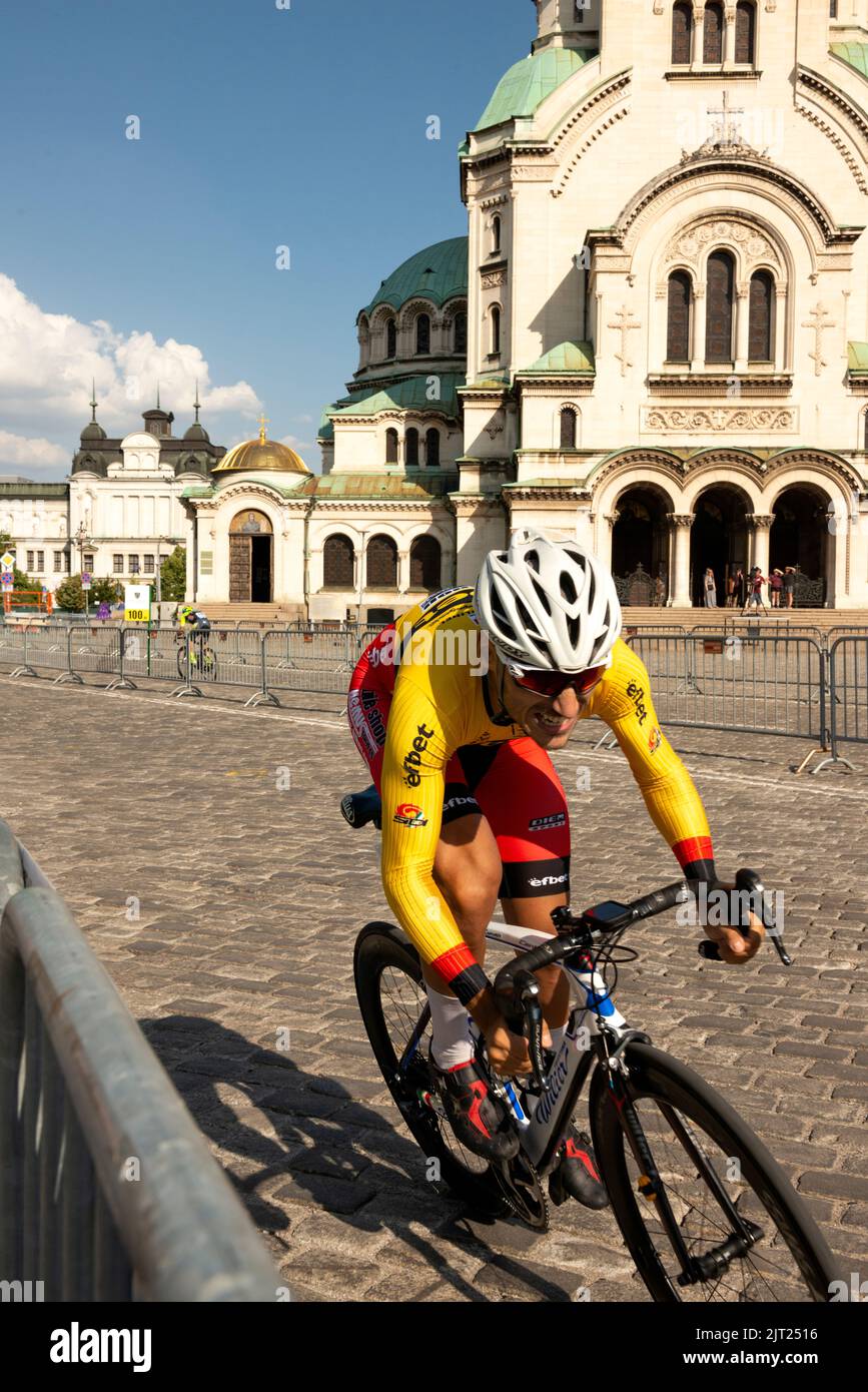 Sofia, Bulgaria, 27 August 2022. Cyclists participate in the 2022 issue of the Tour of Bulgaria cycling competition during the opening prologue round in the Bulgarian capital. Stock Photo