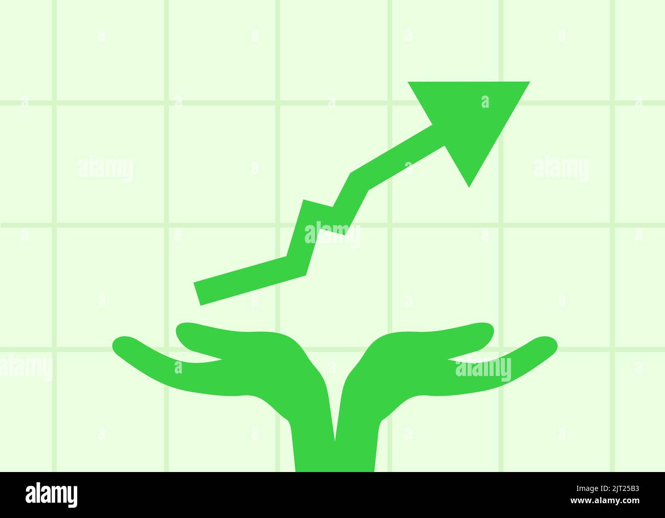 Hands and growing chart, diagram and graph as metaphor for profitable sustainability and esg socially responsible investing.  Vector illustration. Stock Photo