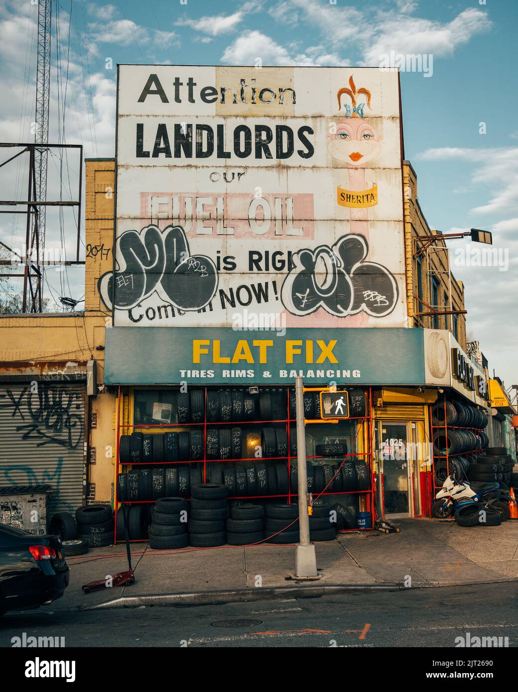 Flat Fix, Tires & Rims vintage sign in Crown Heights, Brooklyn, New
