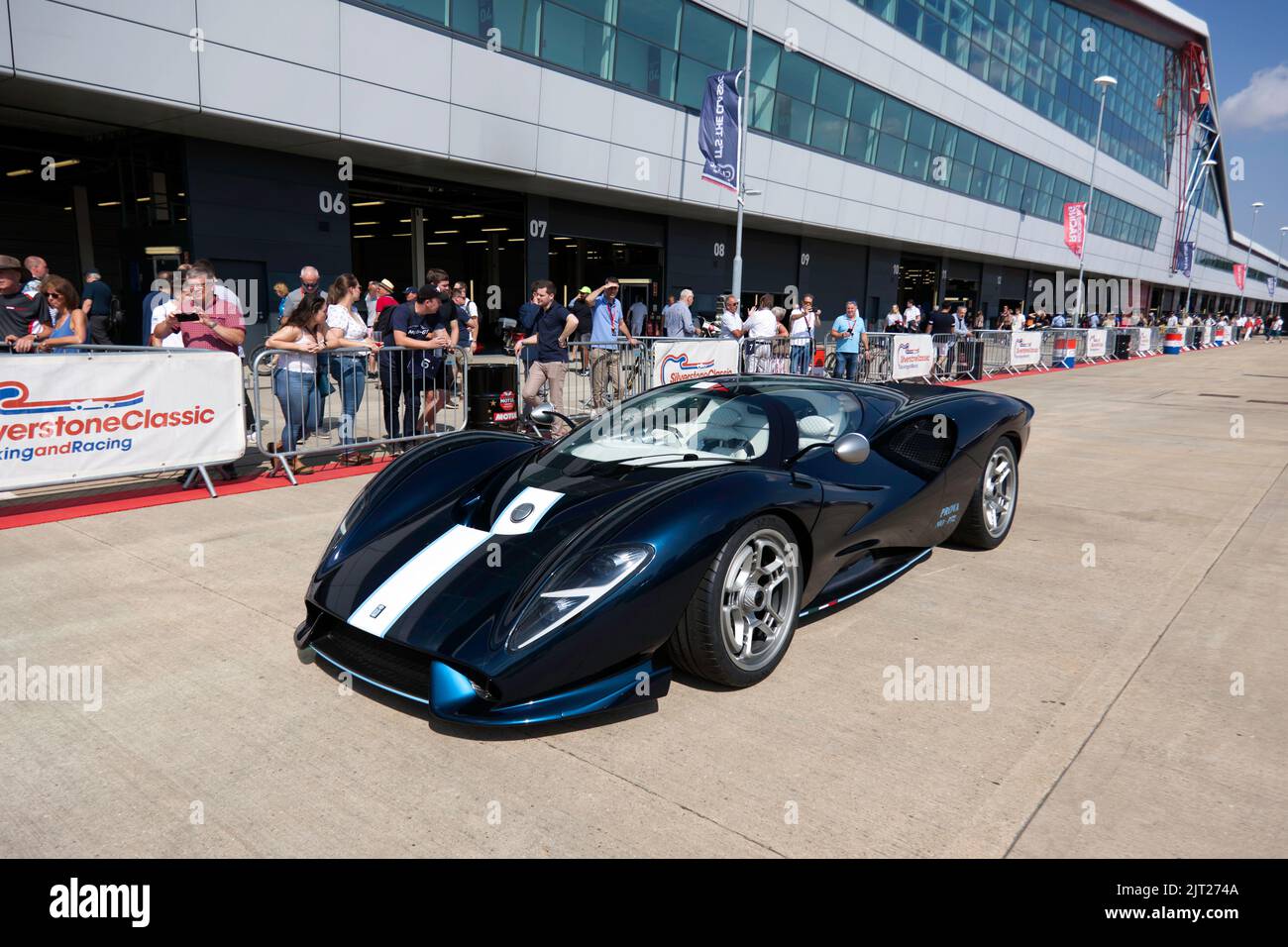 Silverstone Circuit,  Silverstone, Nr, Towcester, 27th August,  2022.  A De Tomaso P72 Supercar in the International paddock, infront of the Wing at Silverstrone. John Gaffen/Alamy Live News Stock Photo