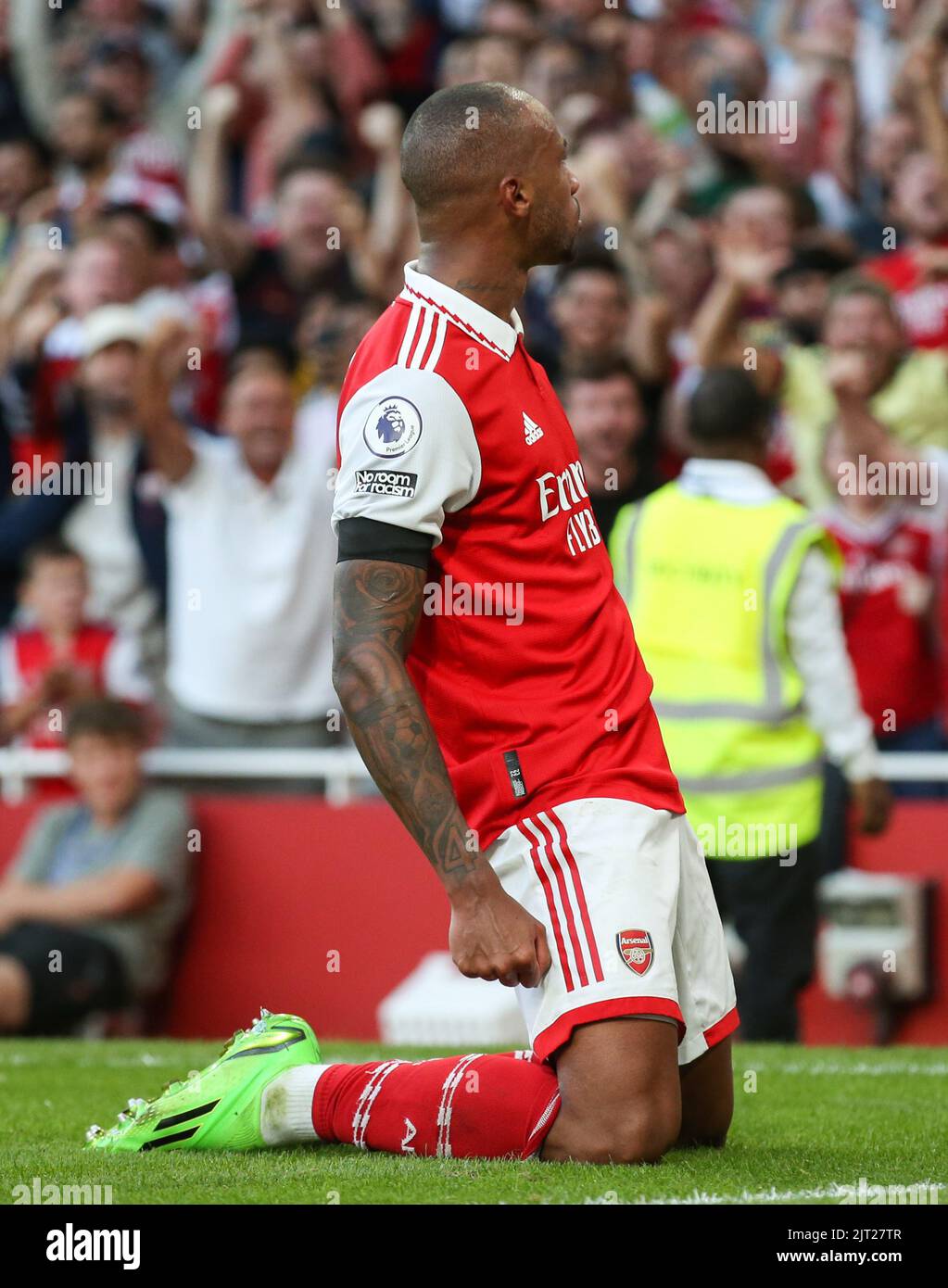 Gabriel #6 of Arsenal celebrates his goal to make it 2-1 Stock
