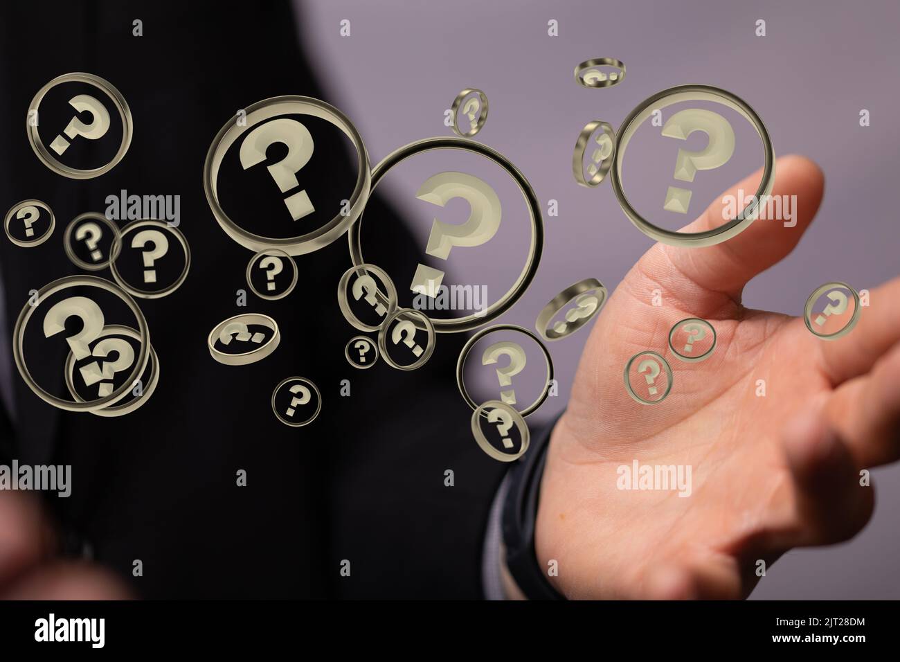 A 3d rendering of golden floating question marks in circles in a