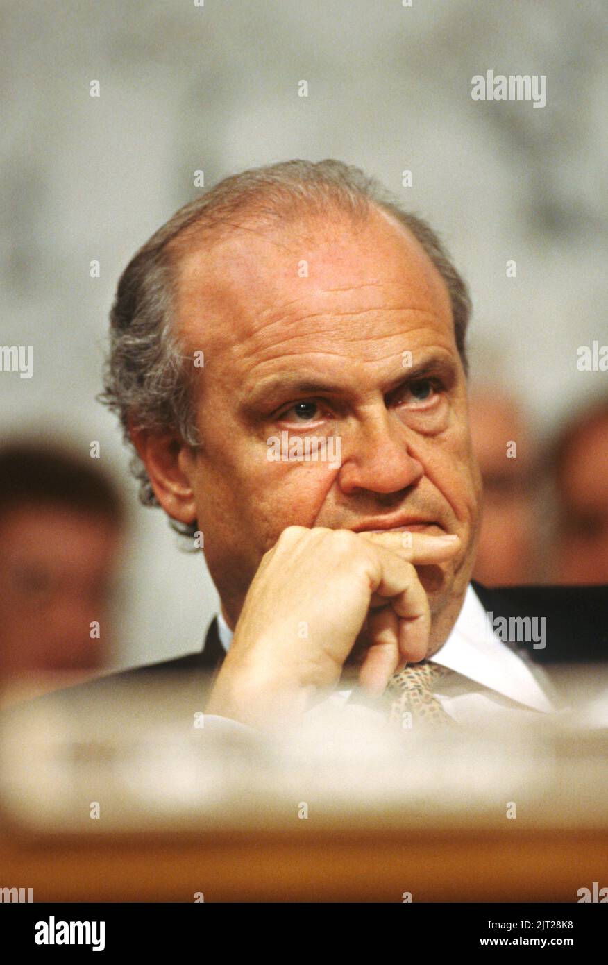 Senator Fred Thompson of Tennessee, chairman of the Senate Governmental Affairs Committee during hearing into allegations of illegal and improper fundraising practices by the Democrats during the 1996 presidential election, September 7, 1997 in Washington, D.C. Stock Photo