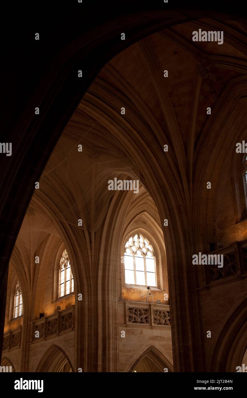 Arched, vaulted ceilling above side aisle, Royal Monastery of Brou, Brou, Bourg-en-Bresse, Rhone-Alpes, France.  Gothic Arches above side aisle. Stock Photo
